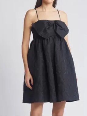 Chelsea28 black bow front texture tonal blooms mini dress